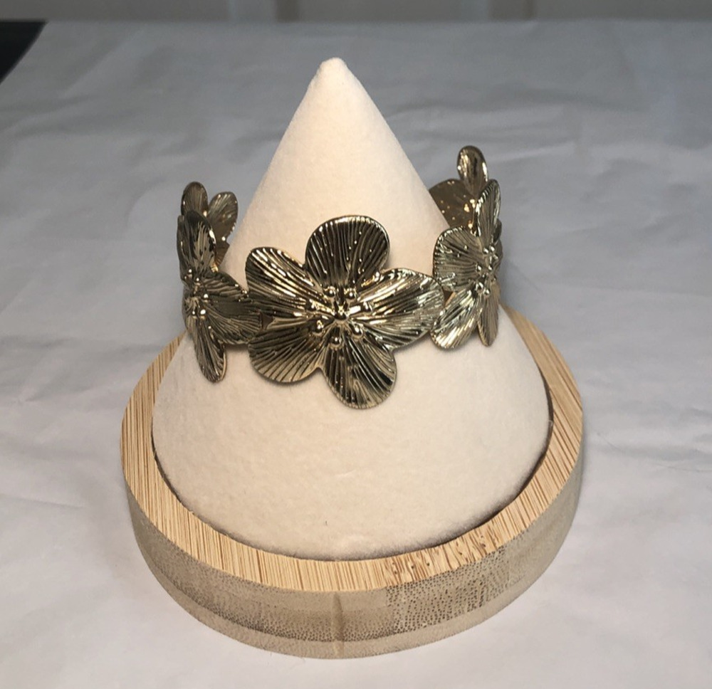Gold tone Floral Open Cuff Bracelet Statement 3D textured Boho hippie fairycore